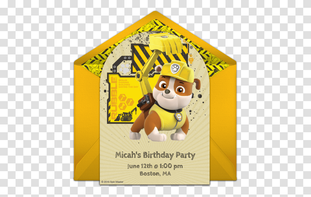 Paw Patrol Rubble Online Invitation Paw Patrol Rubble Birthday Invitation, Poster, Advertisement, Flyer, Paper Transparent Png