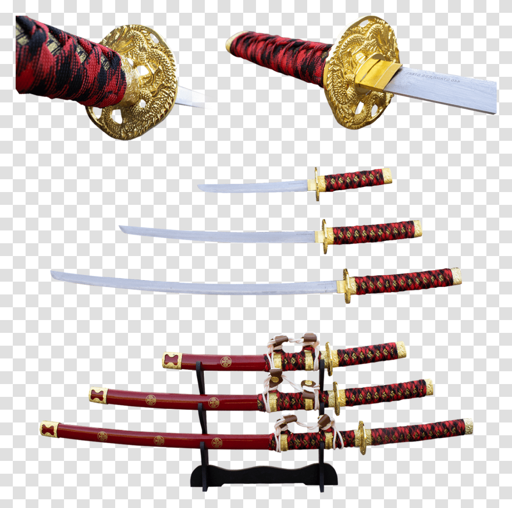 Pc Red Gold Rush Katana Sword Set Red Gold Katana, Blade, Weapon, Weaponry, Person Transparent Png