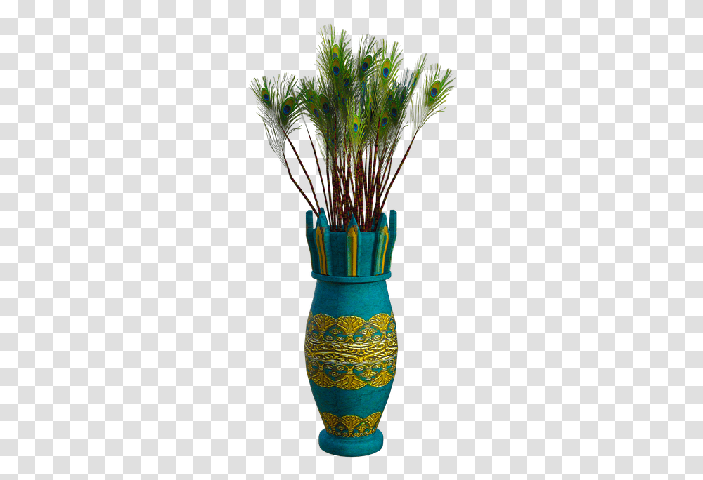Peacock Feathers Vase Blue Yellow Colorful Peacock Feathers In Vase, Jar, Pottery, Building, Cushion Transparent Png