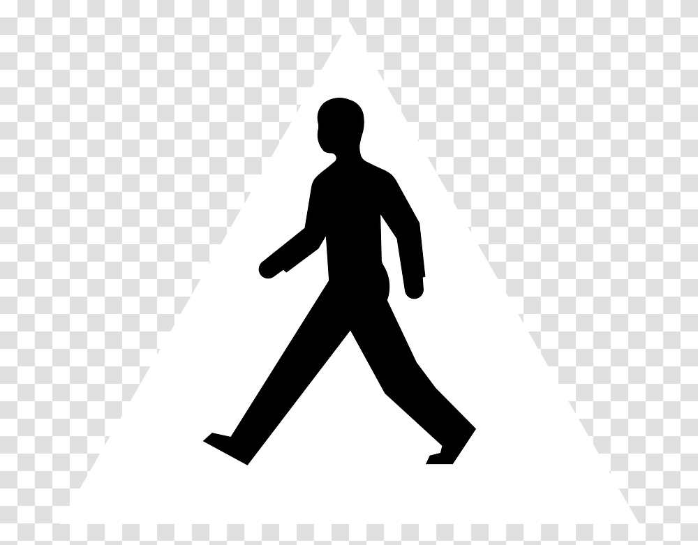 Pedestrian Image Black And White Person Walking Clipart, Human, Symbol, Sign, Triangle Transparent Png