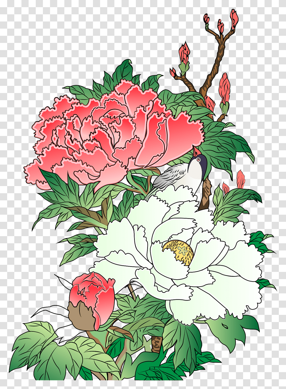 Peony Flower Clipart Estampe Japonaise Oiseau, Plant, Blossom, Carnation, Graphics Transparent Png