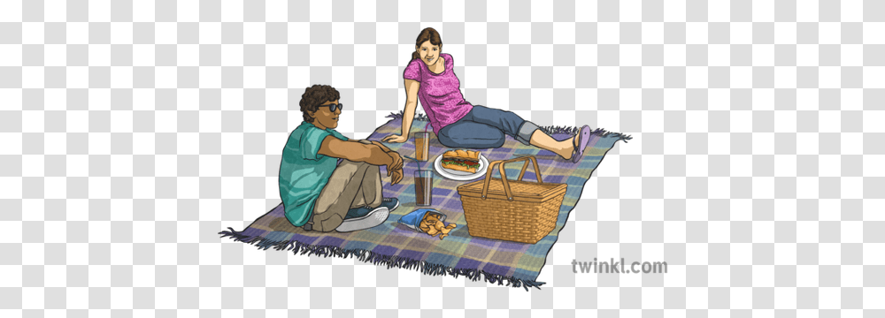 People Having A Picnic Illustration Twinkl Sitting, Person, Human, Basket, Leisure Activities Transparent Png