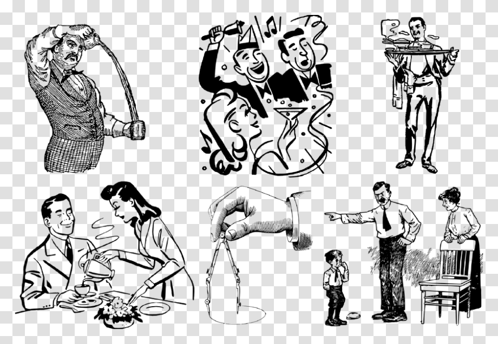 People Lineart Retro Graphics Sketch Antique Wife Serving Husband Cartoon, Gray, World Of Warcraft Transparent Png
