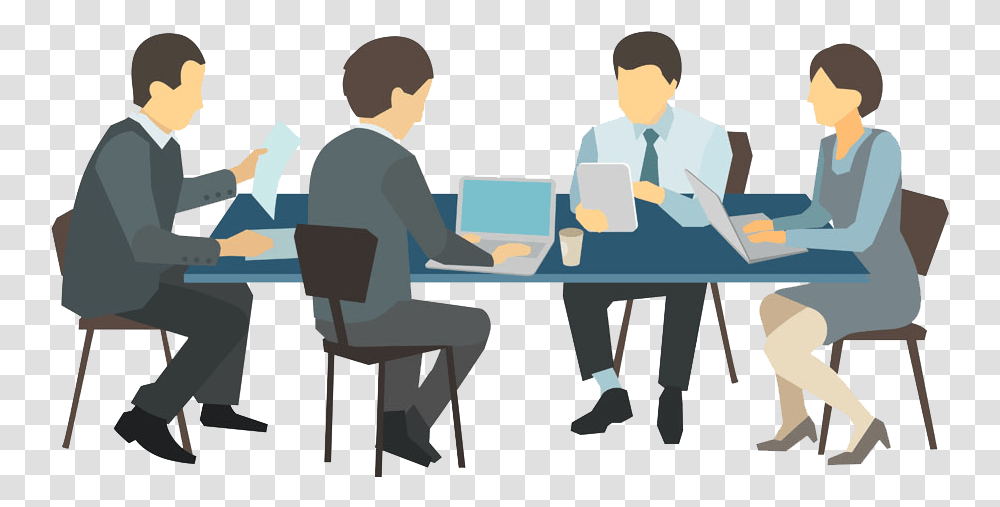 People Meeting Business Illustration Desk Free Photo Meeting, Person, Sitting, Furniture, Table Transparent Png