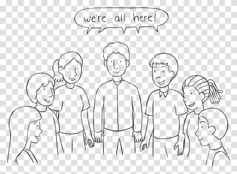 People Standing In A Circle Saying We're All Here In Line Art, Stencil, Indoors, School Transparent Png