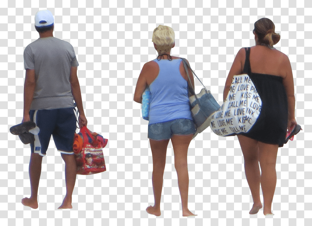 People Walking Dog People Walking To Beach, Clothing, Shorts, Person, Bag Transparent Png