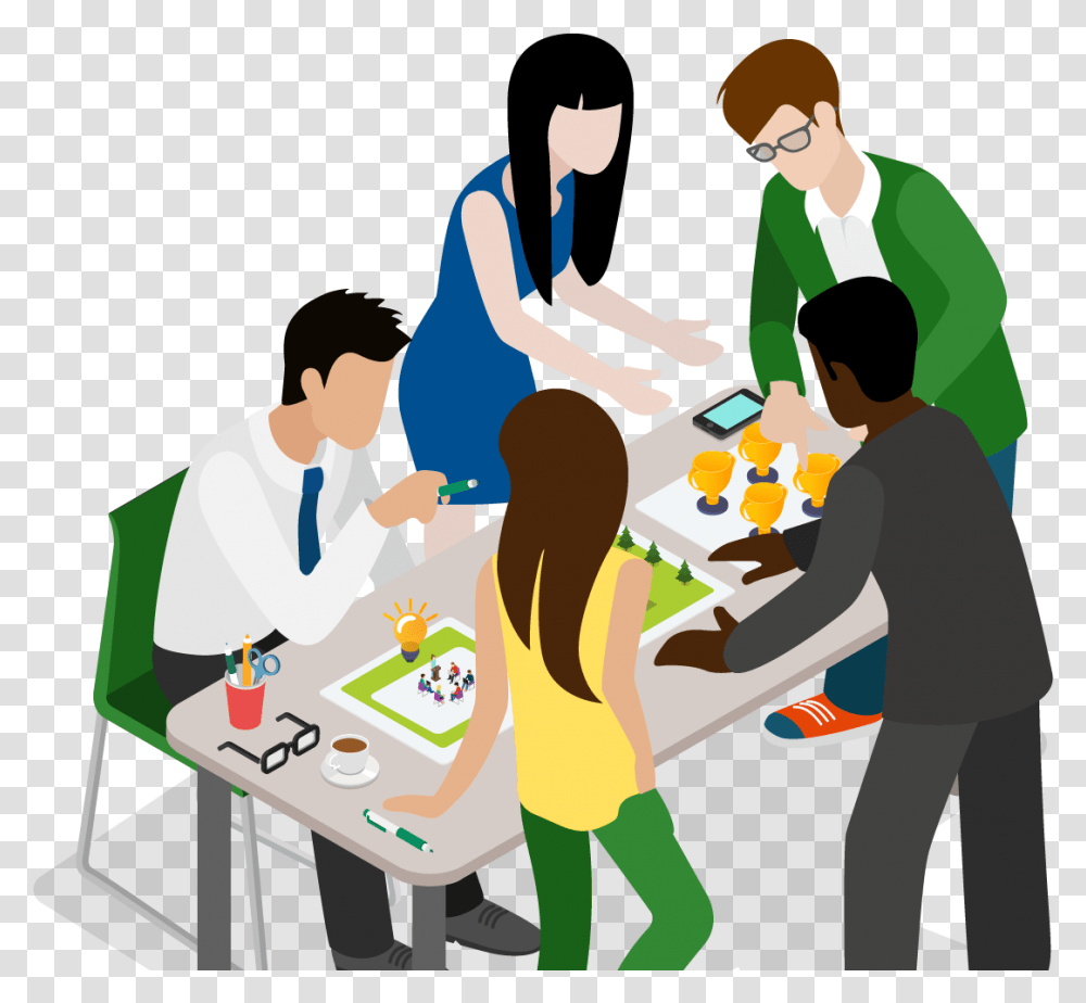 People Working Together At A Table Business People Cartoon, Person, Crowd, Word, Cafeteria Transparent Png