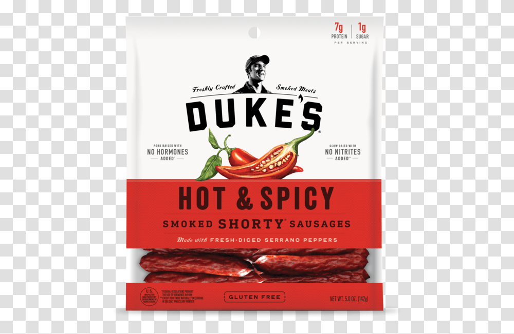 Pepper Spicy Dukes Hot And Spicy Shorty Smoked Sausages, Poster, Advertisement, Person, Flyer Transparent Png