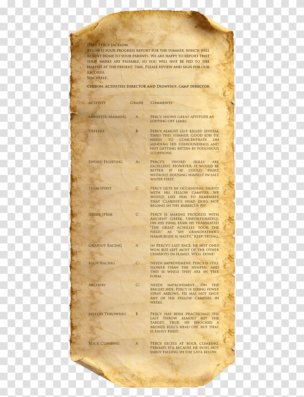 Percy Jackson Camp Half Blood Timetable, Page, Menu, Paper Transparent Png