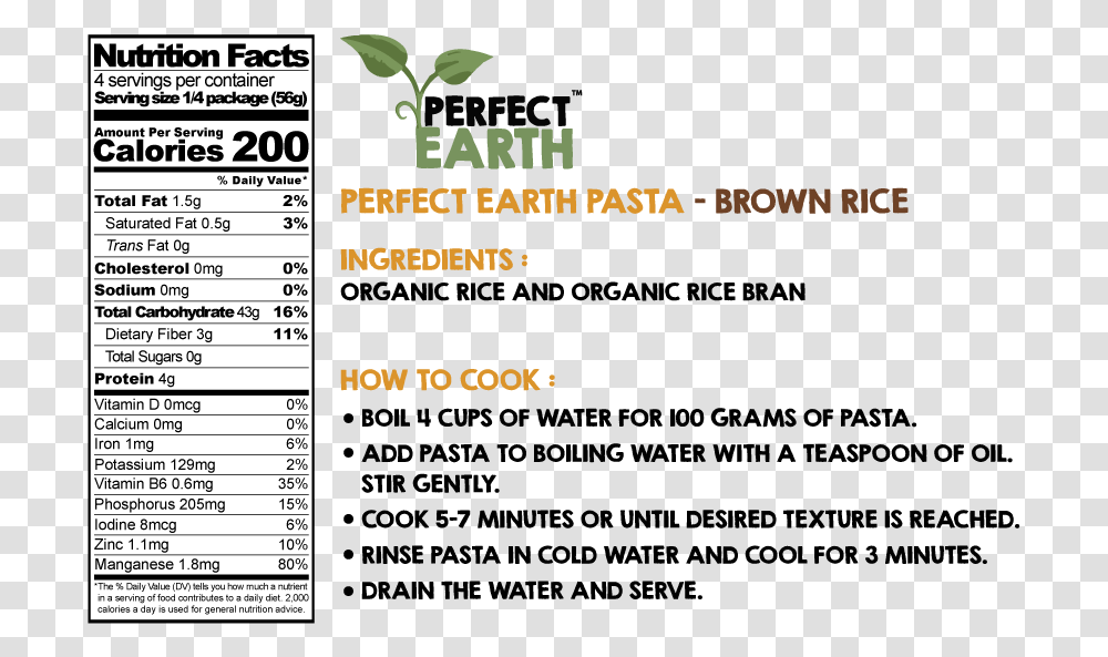 Perfect Earth Rice Pasta Nutrition Facts, Number, Plant Transparent Png