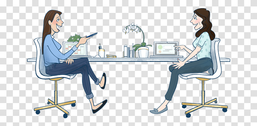 Person At Desk Person Sitting In Armchair Cartoon, Furniture, Human, Table Transparent Png