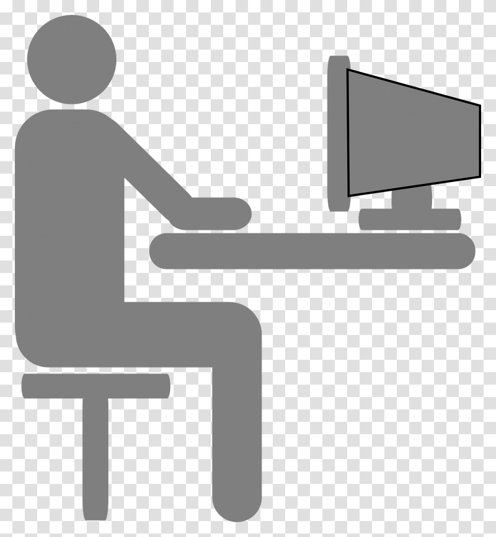 Person At Desk User Desk Grey Screen Work Person Sitting At Computer Clipart, Cross, Standing, Chair Transparent Png
