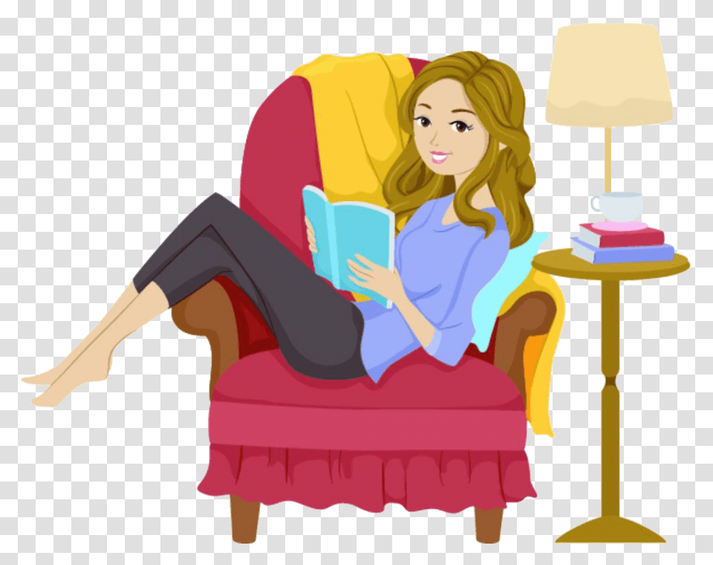 Person Clip Art Woman Reading A Book Clipart, Sitting, Furniture, Girl, Female Transparent Png