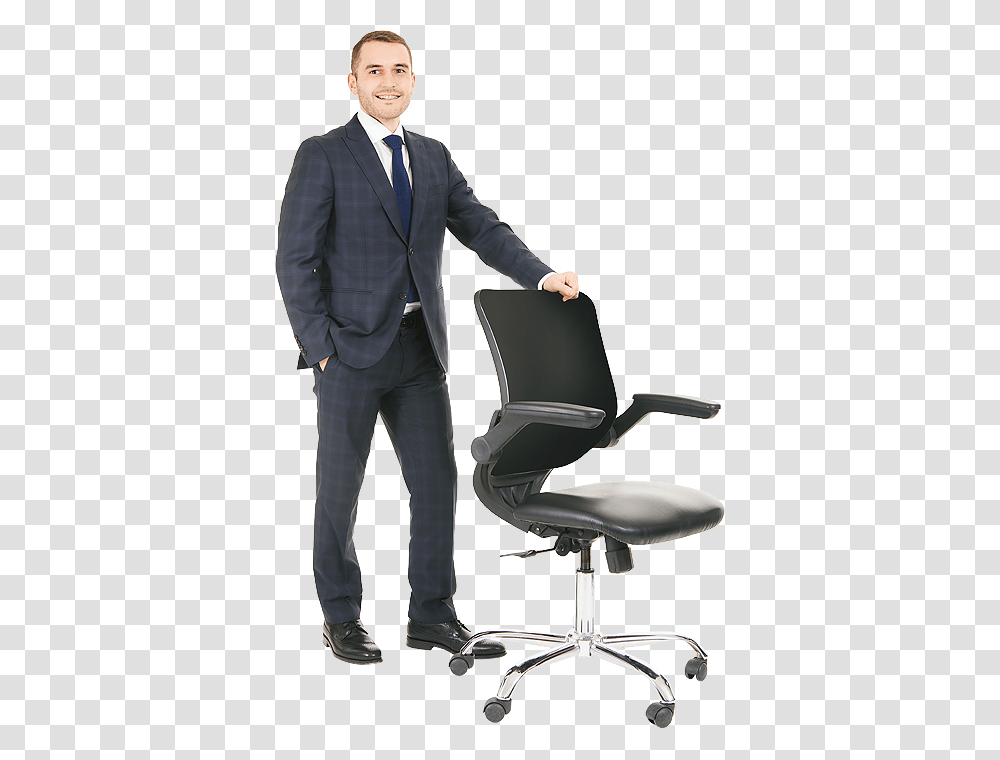 Person Sitting In Chair Hugo Clark Standing Office Chair, Suit, Overcoat, Furniture Transparent Png