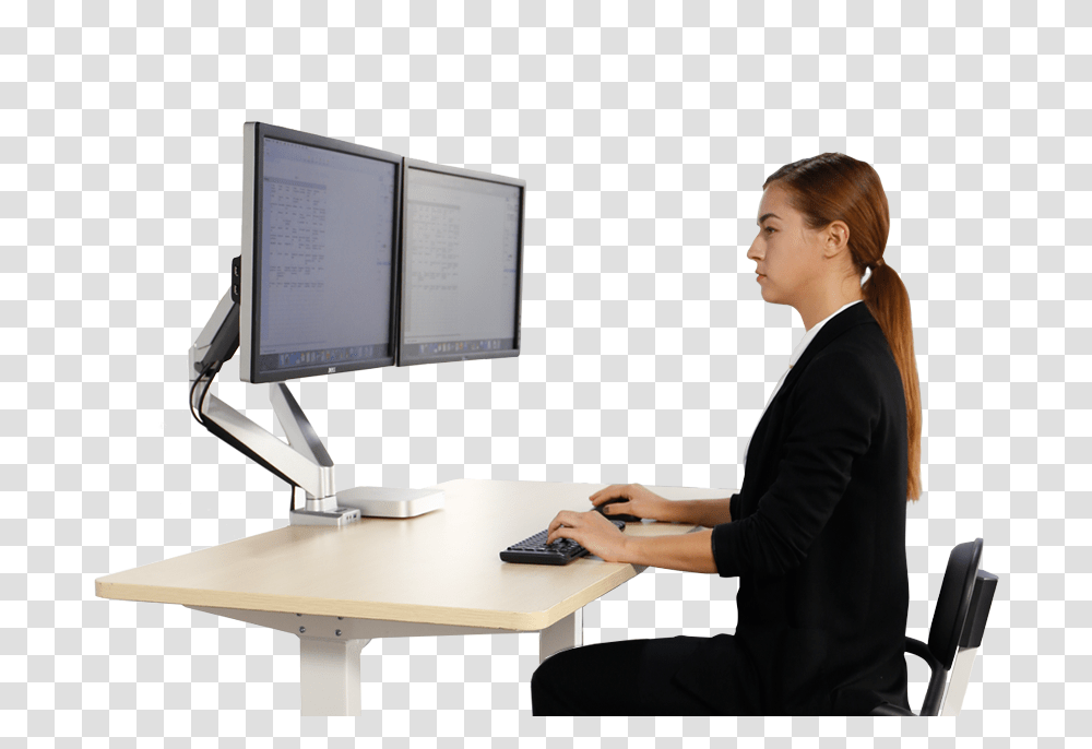 Person Sitting On Computer Real, Furniture, Table, Desk, Standing Transparent Png