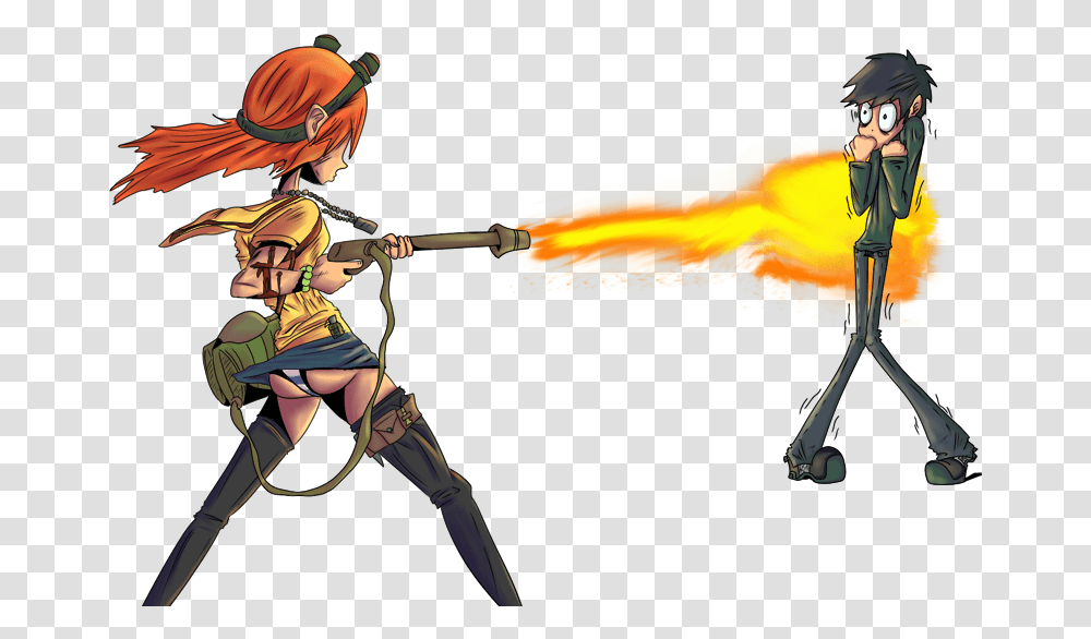 Person With Flamethrower Cartoon Download Anime Girl With Flamethrower, Human, Duel, Sport Transparent Png