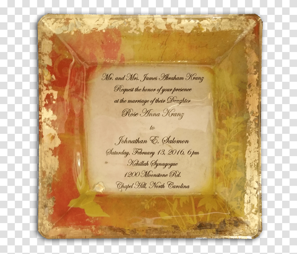 Personalized Glass Wedding Plate With Gold Leaf Accent Handwriting, Book, Meal, Food Transparent Png