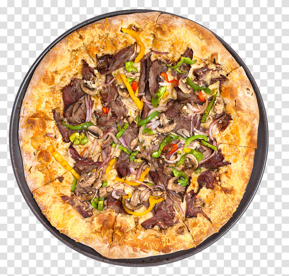 Philly Cheese Steak Pizza Pizza Image Birds Eye View, Dish, Meal, Food, Platter Transparent Png