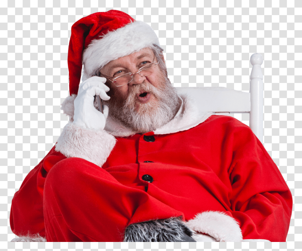 Phone Call Santas Phone Calls Is A Besteffort Service Santa On The Phone, Face, Person, Human, Chair Transparent Png