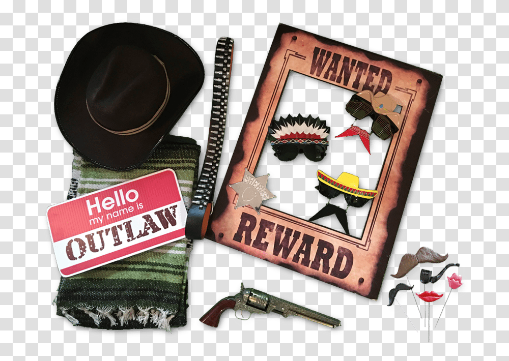Photo Booth Props Wanted Sign, Apparel, Cowboy Hat, Gun Transparent Png