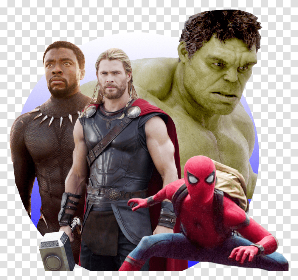 Photo Illustration Of Black Panther Thor The Hulk And 3 Characters That Stan Lee Made, Person, Costume, Face Transparent Png