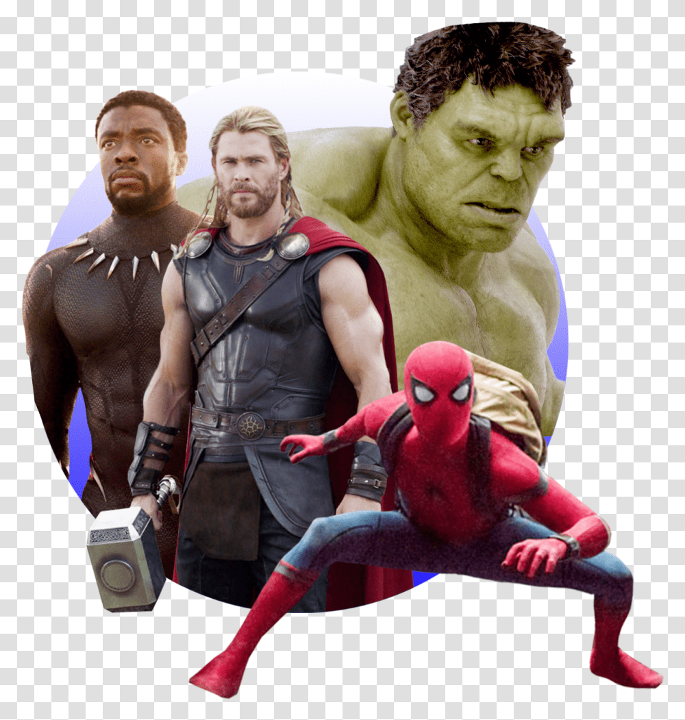 Photo Illustration Of Black Panther Thor The Hulk And Stan Lee Most Famous Characters, Person, Figurine, Head Transparent Png