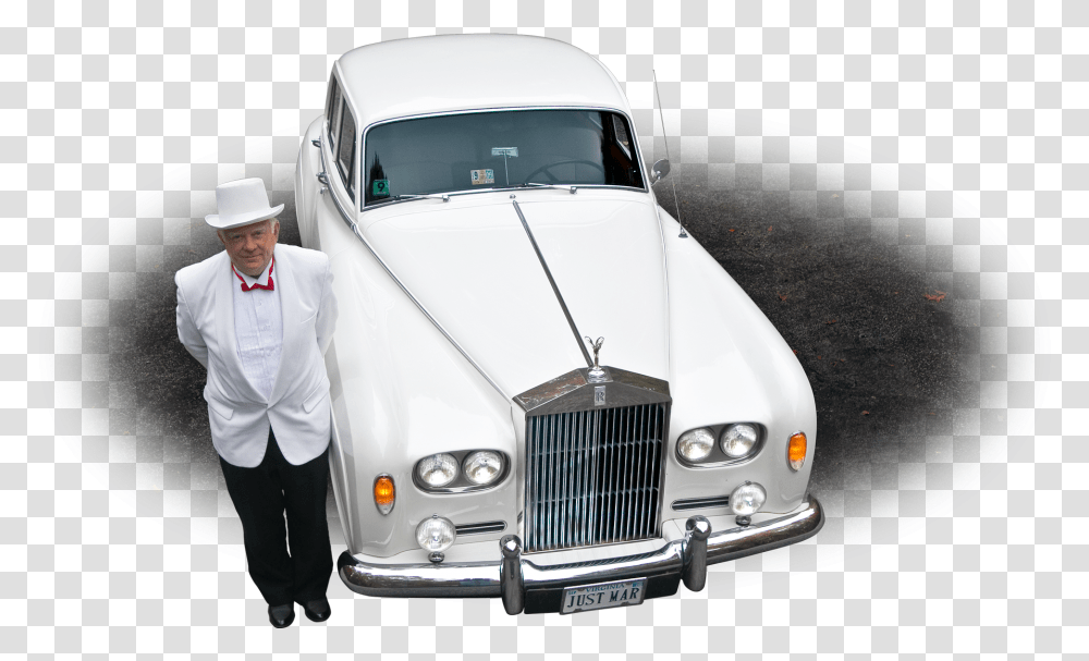 Photo Of A Chauffeur In Front Of A White 1964 Rolls Royce Antique Car, Vehicle, Transportation, Automobile, Person Transparent Png