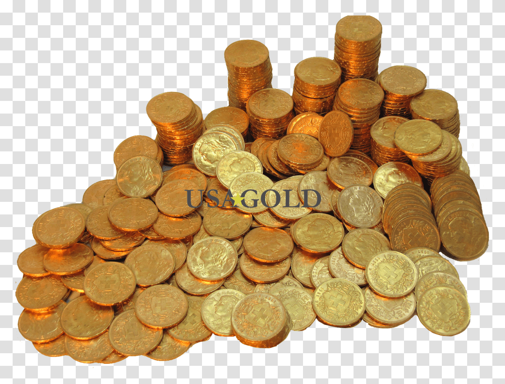 Photo Of Large Pile Of Swiss 20 Franc Helvetia Gold Cash, Coin, Money, Treasure, Fungus Transparent Png