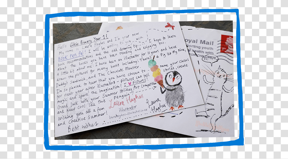 Photo Of Laura Hughes S Postcard With A Drawing Of Cartoon, Letter, Bird, Animal Transparent Png