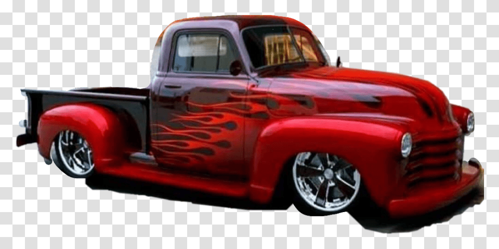Pickup Truck Hotrod Flames Red Black Chromewheels Classic Chevy Trucks Customized, Vehicle, Transportation, Car, Automobile Transparent Png