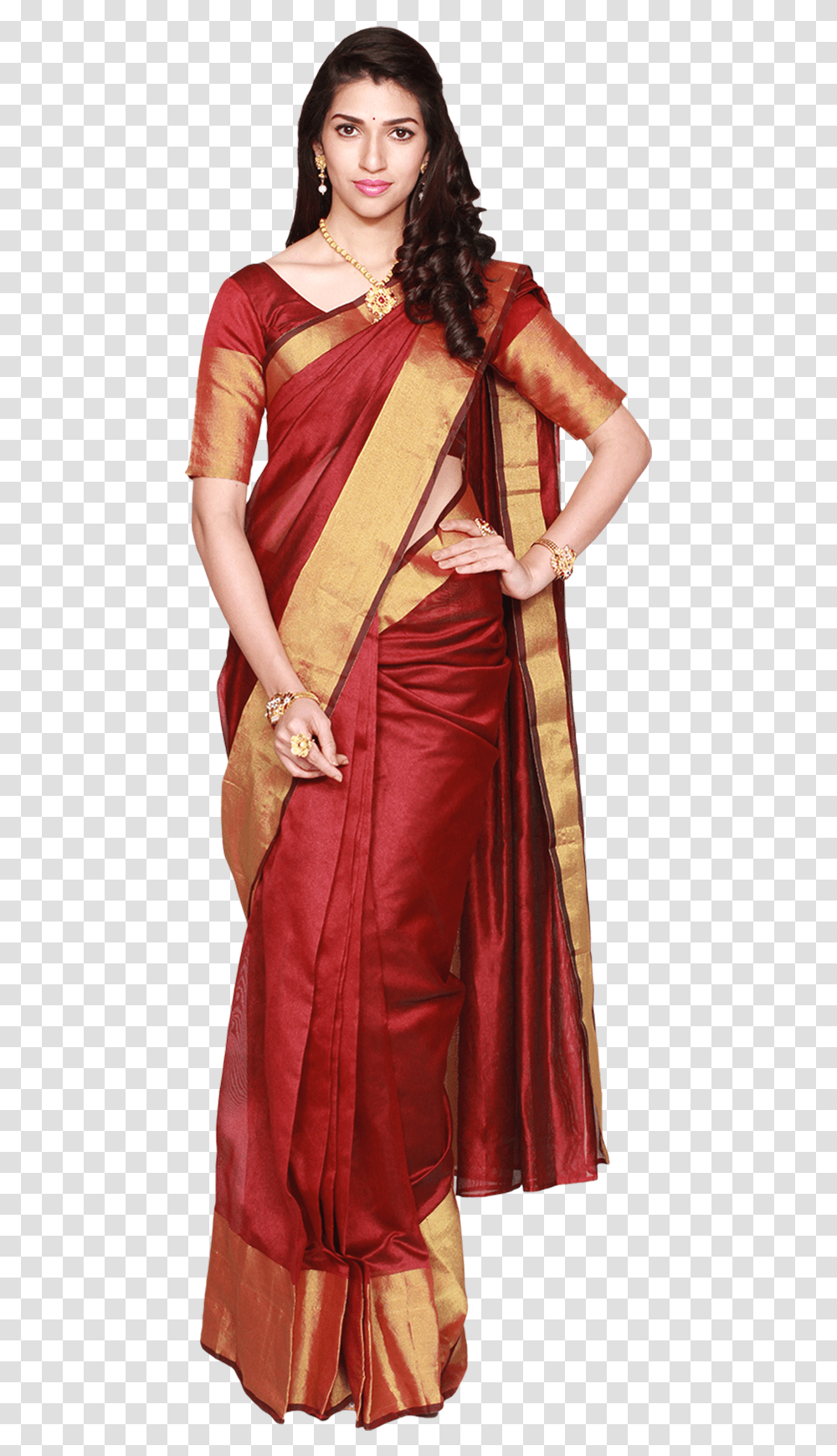 Picture Free Stock Saris Spicy Maroon Cotton Silk Saree, Dress, Fashion, Person Transparent Png