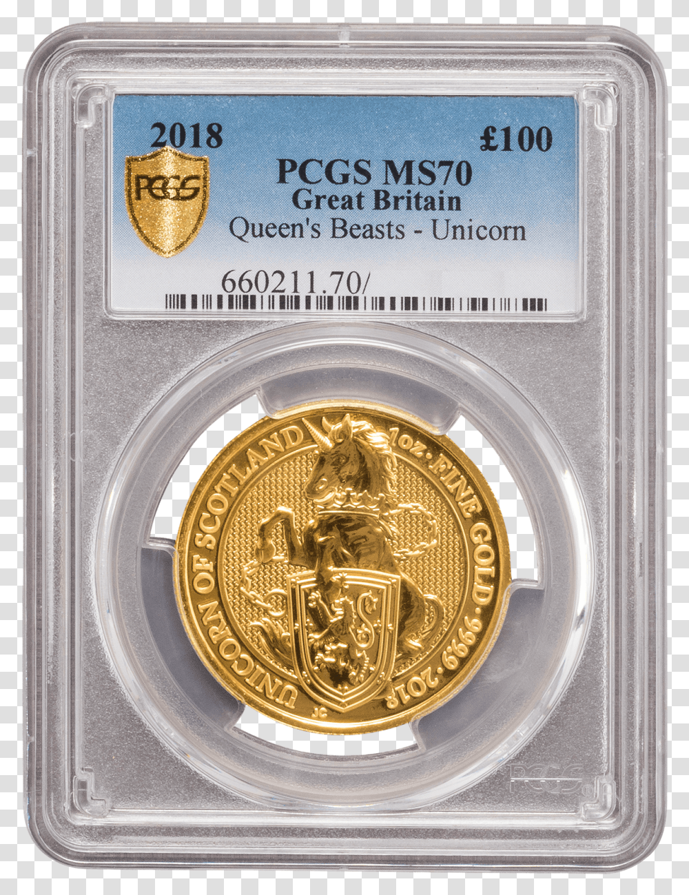 Picture Of Pcgs 2018 1oz Gold Queen's Beast Unicorn Cash, Trophy, Coin, Money, Gold Medal Transparent Png