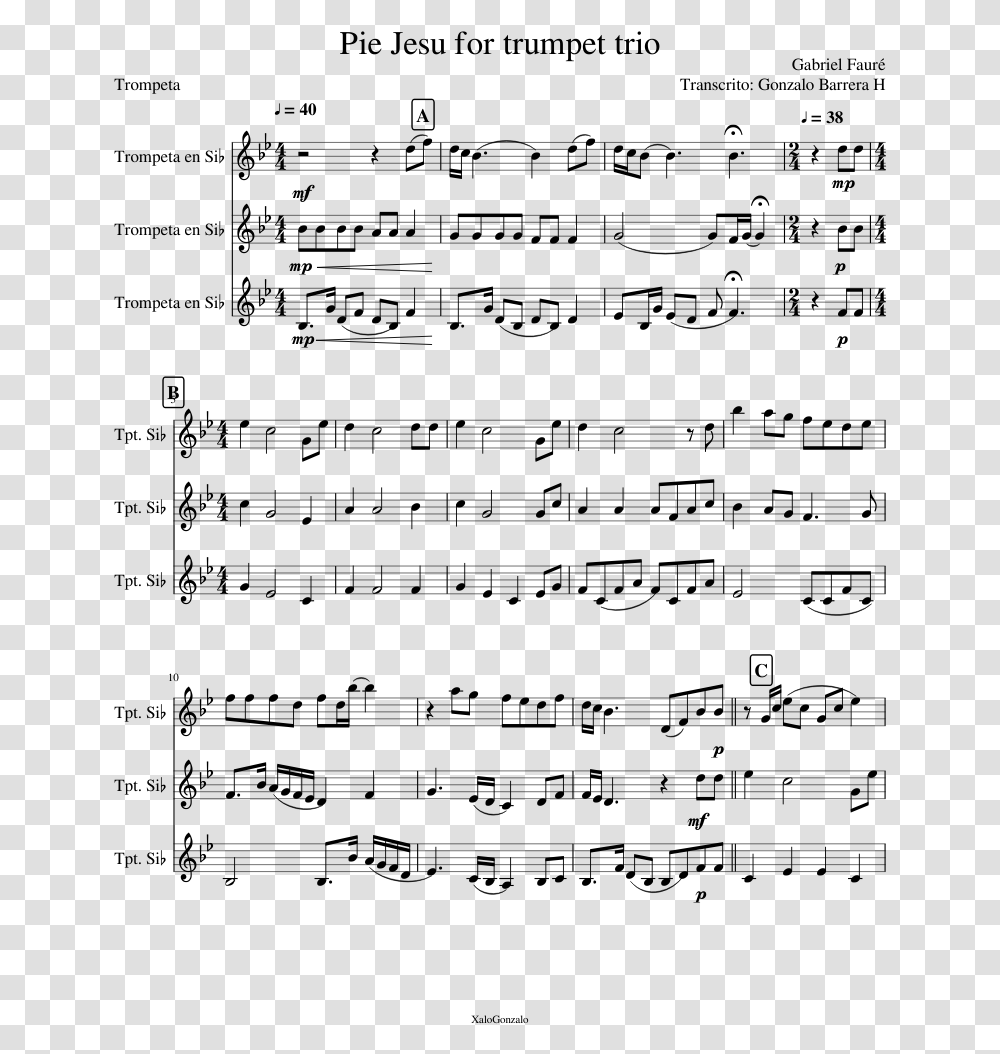 Pie Jesu For Trumpet Trio Sheet Music Composed By Gabriel Thomas The Tank Engine Trumpet Sheet Music, Gray Transparent Png