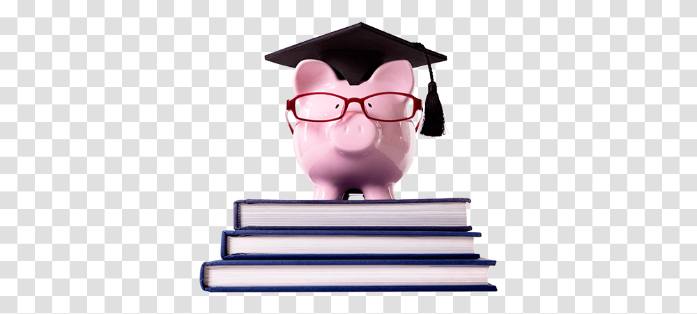Piggy Bank With Glasses And A Grad Cap On A Pile Of Piggy Bank With Graduation Cap, Sunglasses, Accessories, Accessory Transparent Png