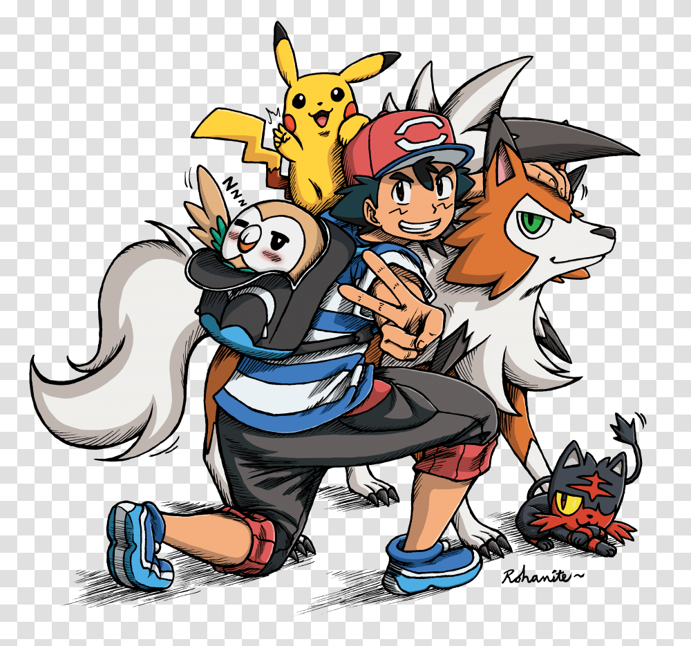 Pikachu Ash Ketchum Rowlet Litten Pokemon Alola Ash, Comics, Book, Manga, Person Transparent Png