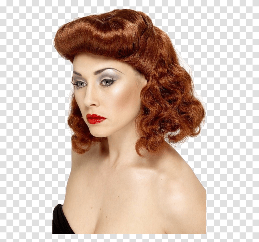 Pin Up Girl Wig Auburn 50s Housewife Wig, Person, Human, Hair, Lipstick Transparent Png