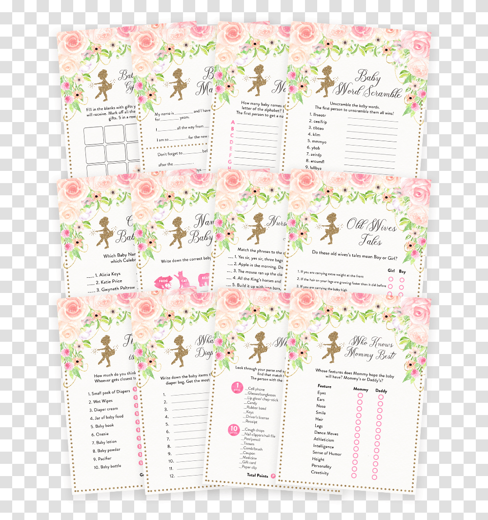 Pink And Gold Floral Tutu Ballerina Baby Shower Game Paper, Page, Calendar, Menu Transparent Png