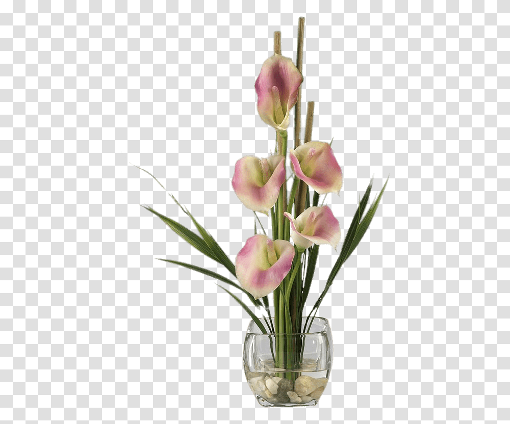 Pink Calla Lilies Composition Stickpng Artificial Flower, Plant, Blossom, Flower Arrangement, Vase Transparent Png