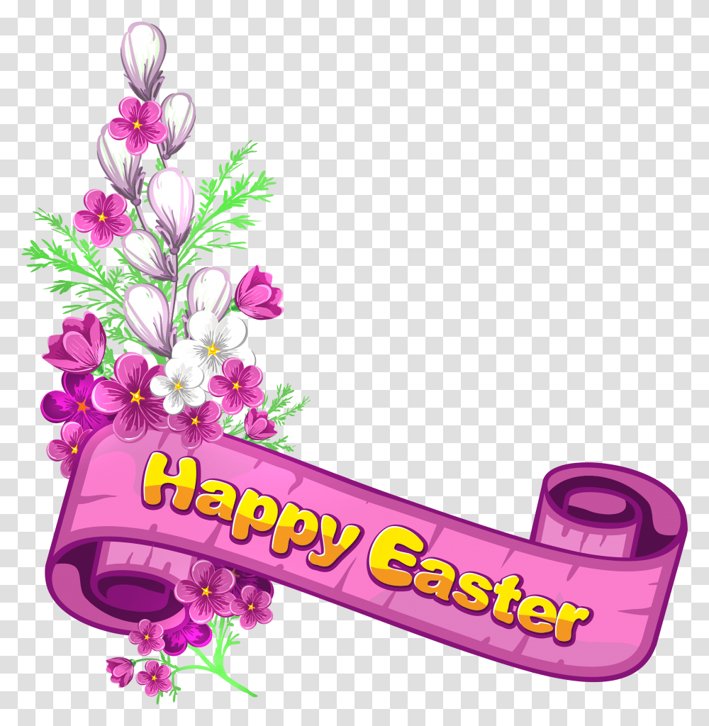 Pink Happy Easter Banner And Flowers Religious Happy Easter Banner, Floral Design, Pattern Transparent Png