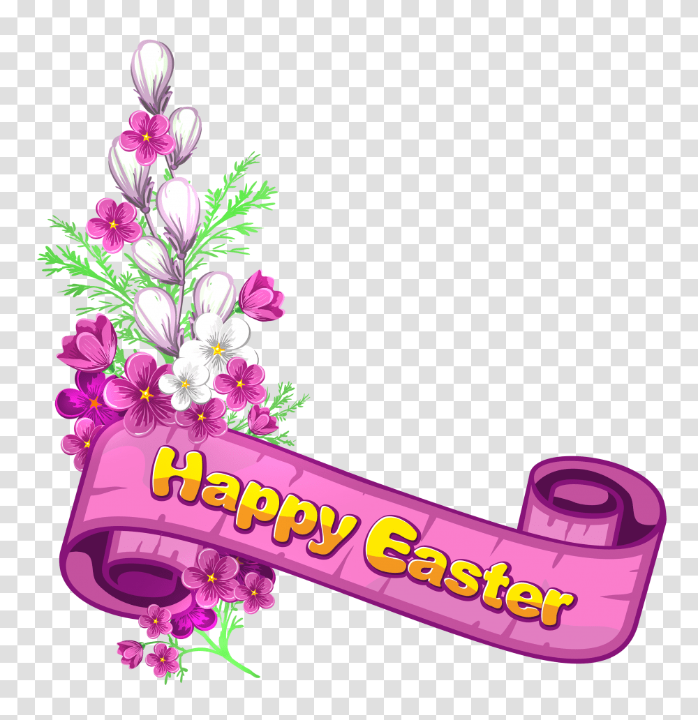 Pink Happy Easter Banner And Flowers Religious Happy Easter Clip Art, Graphics, Floral Design, Pattern, Text Transparent Png