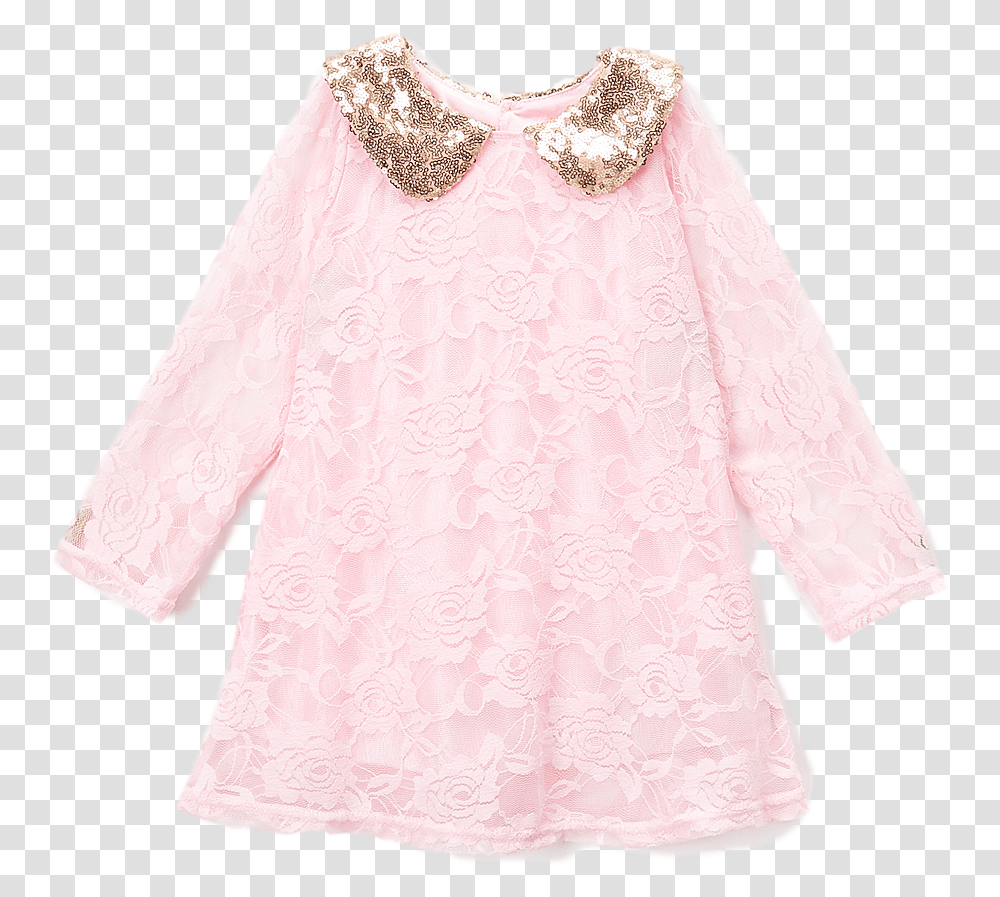 Pink Lace Glitter Collared Shift Dress Long Sleeve, Blouse, Clothing, Apparel Transparent Png