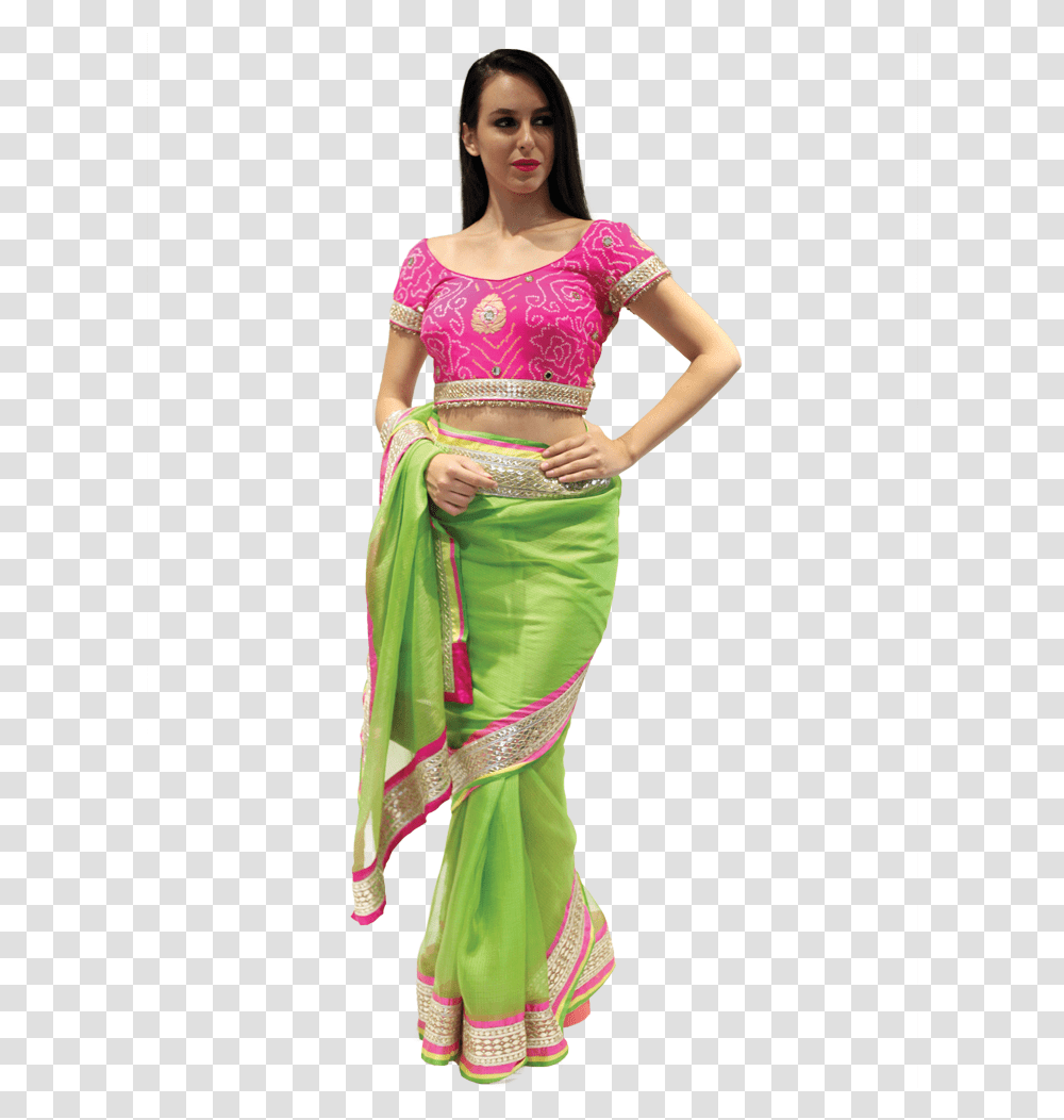 Pink N Green Saree Blouse With Green Saree, Apparel, Person, Human Transparent Png