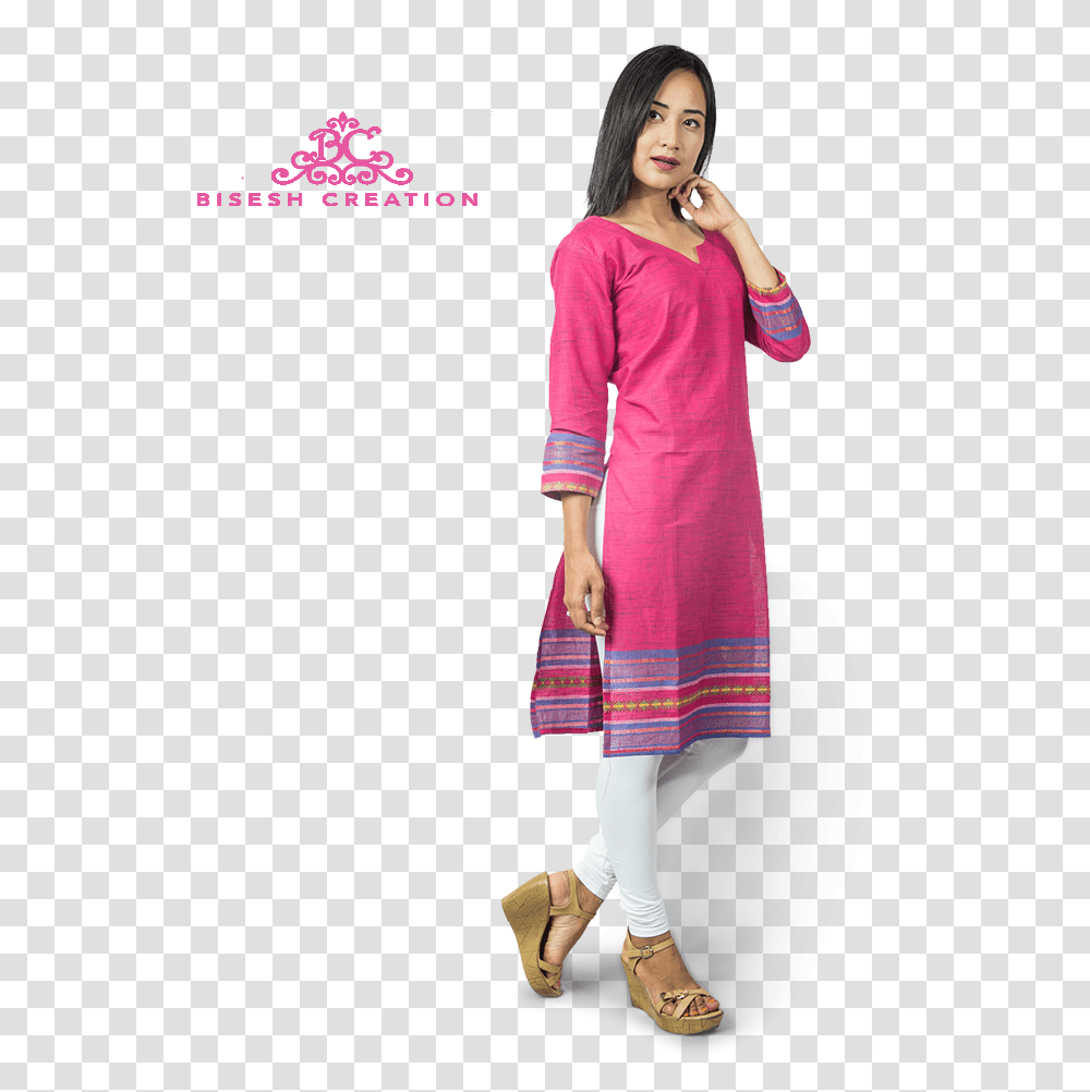 Pink South Cotton Bordered Kurti With Cotton Legging Photo Shoot, Person, Female, Sleeve Transparent Png
