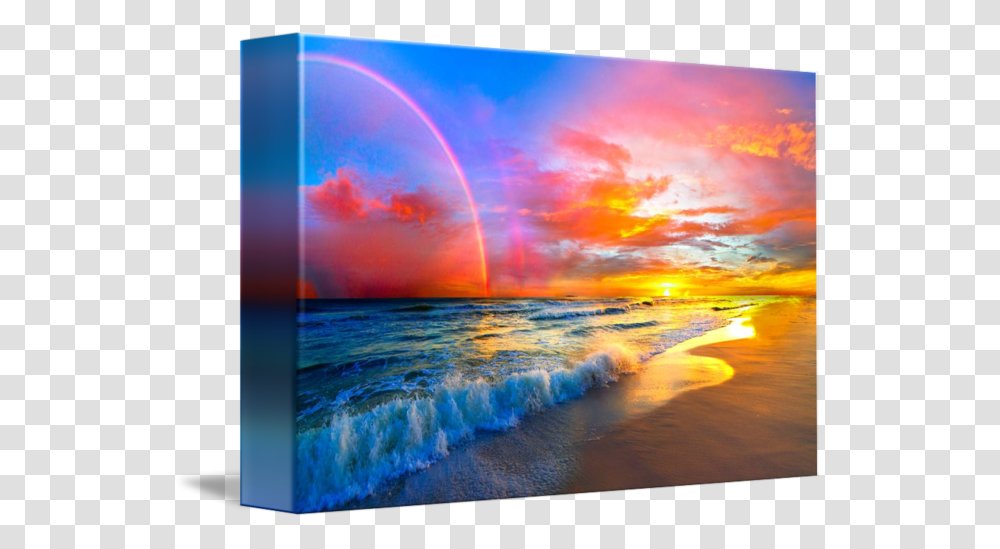 Pink Sunset Beach With Rainbow And Ocean Waves By Eszra Paintings Of Sunsets Over The Ocean, Nature, Sea, Outdoors, Water Transparent Png