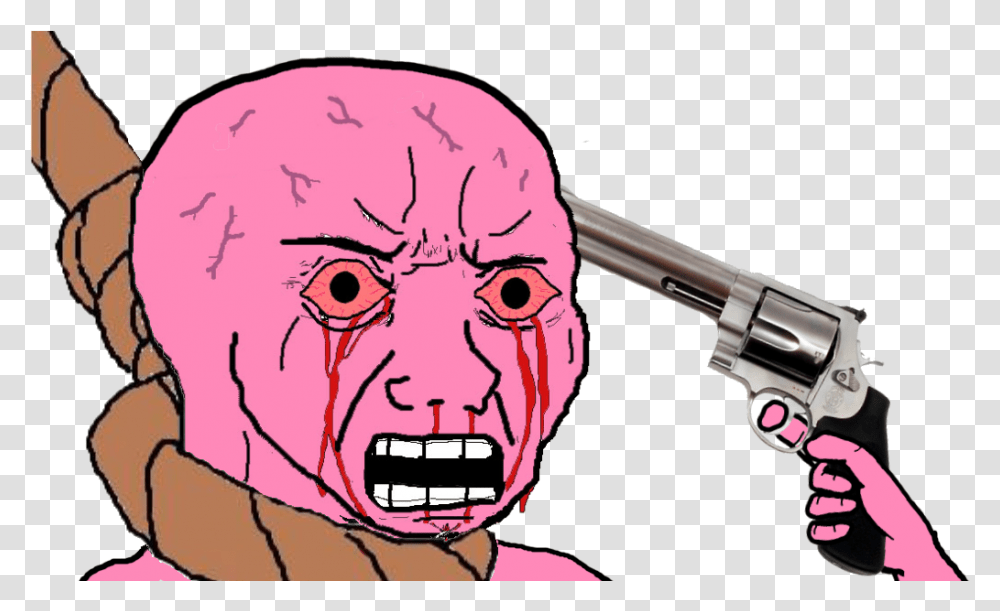 Pink Wojak With Bleeding Eyes And A Nook Around Its Suicidal Wojak, Weapon, Weaponry, Handgun, Head Transparent Png