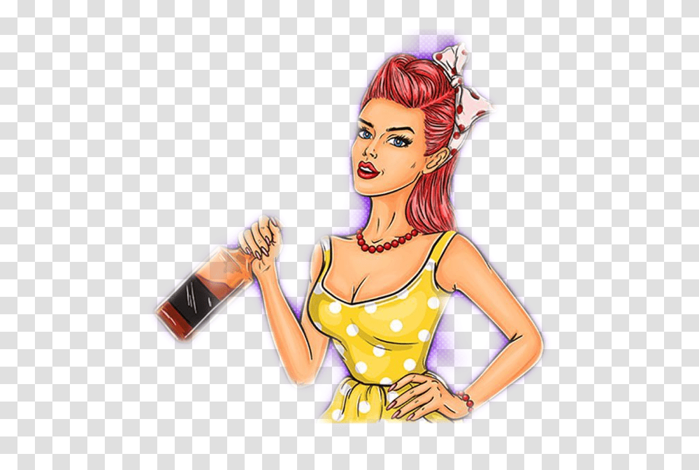 Pinup Girl Popart Illustration Of Pin Up Girl, Person, Female, Beverage, Bottle Transparent Png
