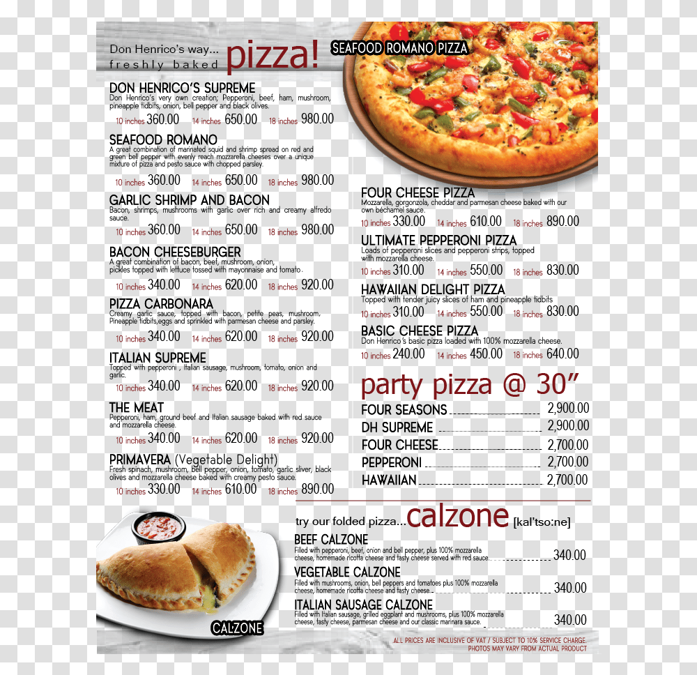 Pizza And Calzone Don Henrico's Menu Price, Food, Bread, Cake Transparent Png