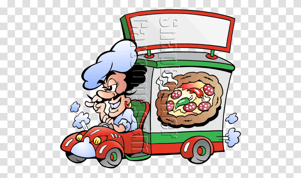 Pizza Chef Deliver Pizza Cartoon On Meals On Wheels, Vehicle, Transportation, Van, Label Transparent Png