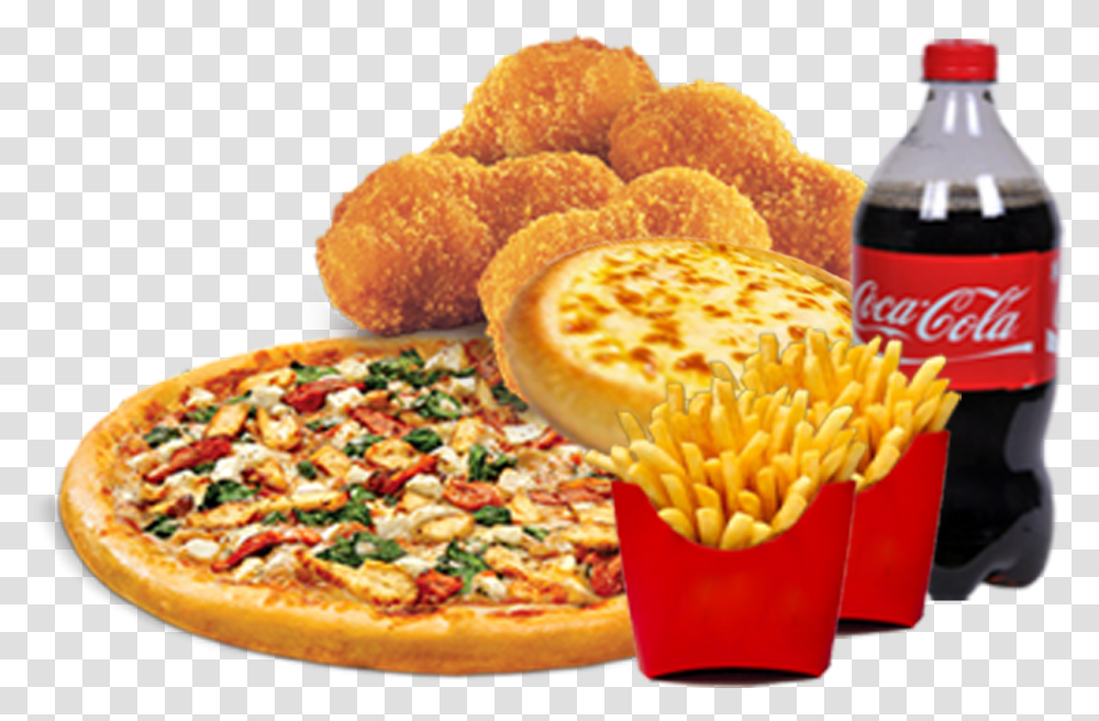 Pizza Chips And Drinks Pizza With Cold Drink, Food, Fries, Ketchup Transparent Png