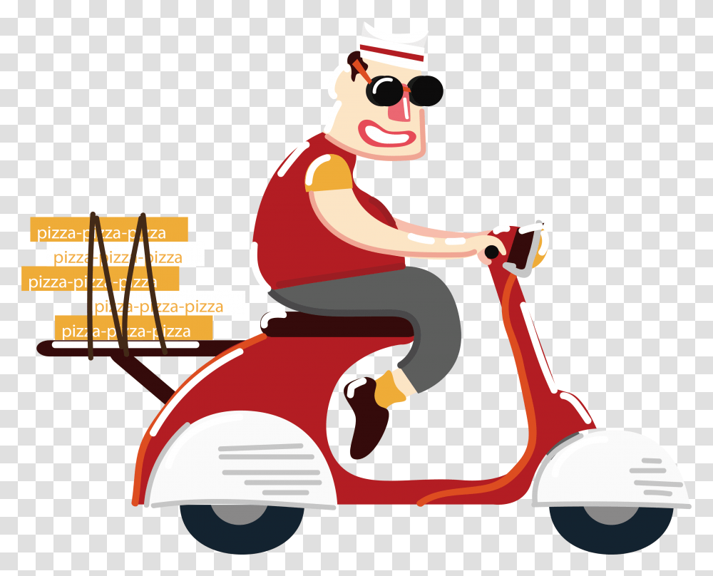 Pizza Fast Food Motorcycle Ride A To Motorcycle Picture Cartoon, Scooter, Vehicle, Transportation, Lawn Mower Transparent Png